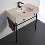 Scarabeo 5123-E-CON-BLK Beige Travertine Design Ceramic Console Sink and Matte Black Stand